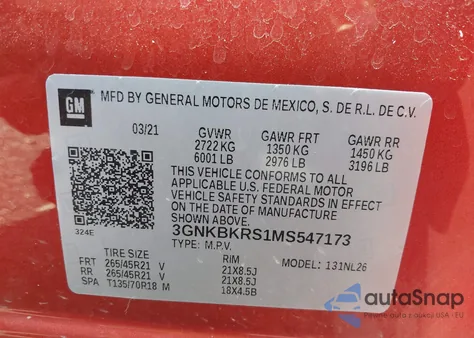 2021 Chevrolet Blazer Rs из США, поврежденный, VIN 3GNKBKRS1MS547173